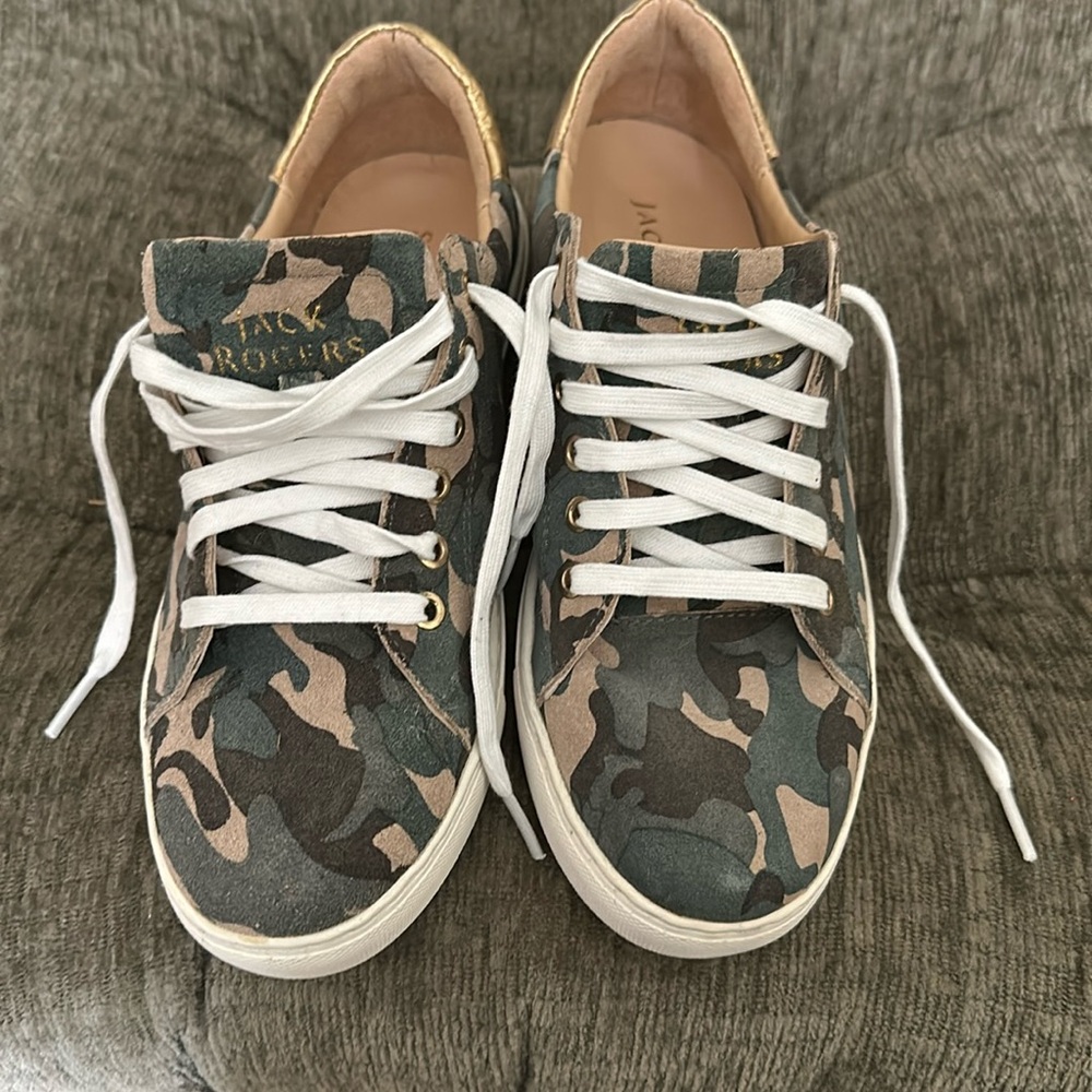 Jack Rogers women’s sneakers. Dark army-green, tan, black, white souls.